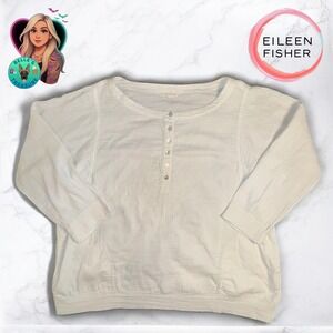Eileen Fisher Shirt Large White Organic Cotton Gauze 3/4 Sleeve Pullover Top